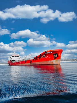 a large red and white boat