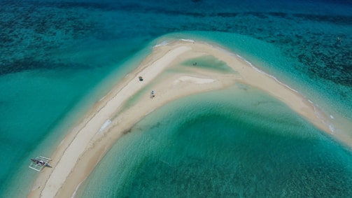 Guests swimming and snorkeling near a pristine sandbar surrounded by turquoise waters.