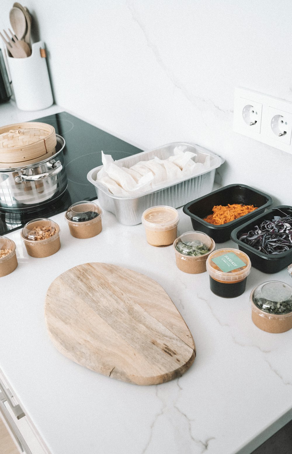 a kitchen counter with food