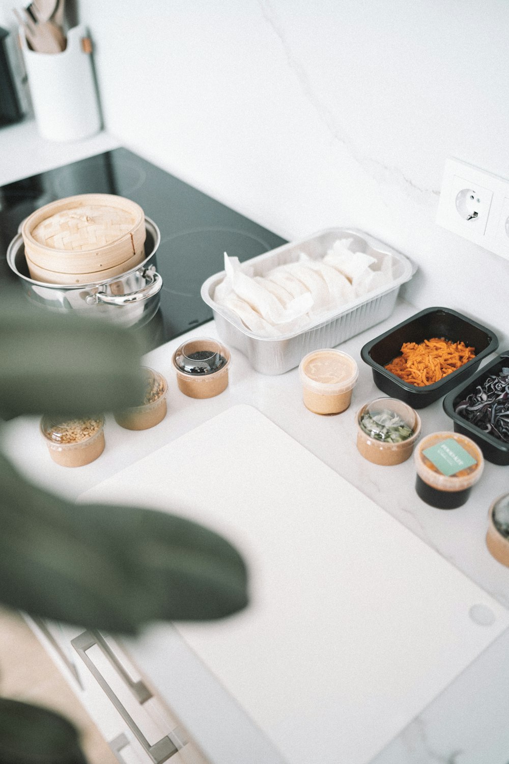 a counter with food on it