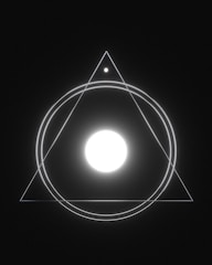 A geometric design features a large glowing white circle at the center, enclosed within concentric circles and an equilateral triangle. A smaller circle is situated at the top vertex of the triangle. The design is set against a dark background, creating a minimalist yet striking visual.