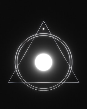 A geometric design features a large glowing white circle at the center, enclosed within concentric circles and an equilateral triangle. A smaller circle is situated at the top vertex of the triangle. The design is set against a dark background, creating a minimalist yet striking visual.