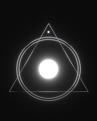 A geometric design features a large glowing white circle at the center, enclosed within concentric circles and an equilateral triangle. A smaller circle is situated at the top vertex of the triangle. The design is set against a dark background, creating a minimalist yet striking visual.
