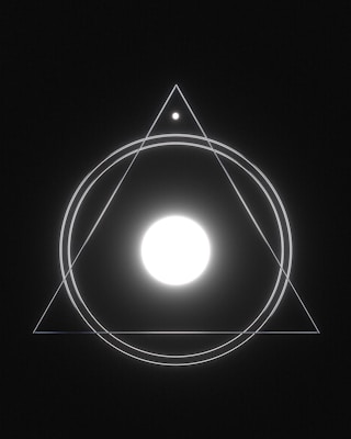 A geometric design features a large glowing white circle at the center, enclosed within concentric circles and an equilateral triangle. A smaller circle is situated at the top vertex of the triangle. The design is set against a dark background, creating a minimalist yet striking visual.