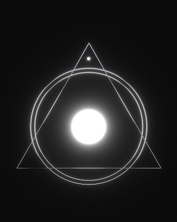 A geometric design features a large glowing white circle at the center, enclosed within concentric circles and an equilateral triangle. A smaller circle is situated at the top vertex of the triangle. The design is set against a dark background, creating a minimalist yet striking visual.