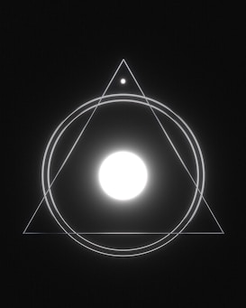 A geometric design features a large glowing white circle at the center, enclosed within concentric circles and an equilateral triangle. A smaller circle is situated at the top vertex of the triangle. The design is set against a dark background, creating a minimalist yet striking visual.