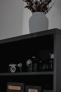 a vase with flowers on a shelf