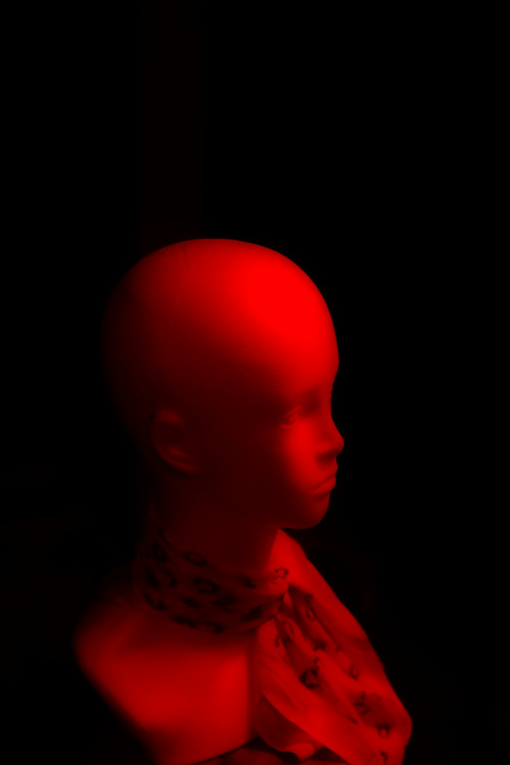 a mannequin with a red shirt and a black background