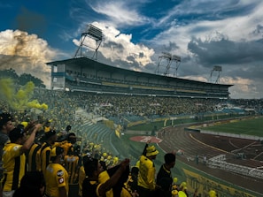 A dynamic live sports event with fans cheering in yellow and black colors.