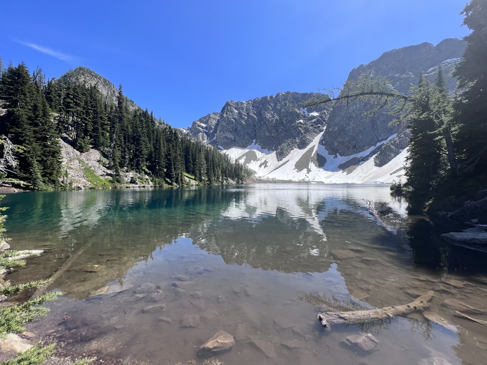 a lake surrounded by mountains and trees