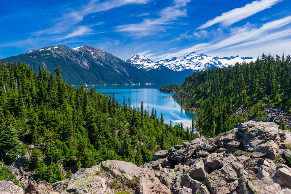 a lake surrounded by mountains and trees