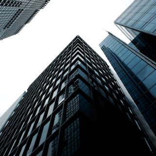 a low angle view of tall buildings