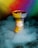 A colorful hookah bowl is surrounded by thick, swirling smoke, creating a mystical atmosphere. The background features an intense gradient of vibrant colors, including yellow, red, green, and blue.