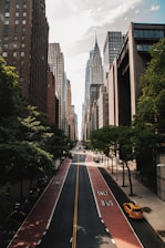 A bustling city street flanked by tall skyscrapers, with a prominent art deco building in the center background. The street is lined with lush green trees providing some natural contrast to the urban setting. Vehicles, including a yellow taxi, are visible on the road, which has lanes marked for buses only.