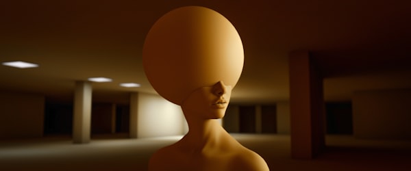 a figure in a darkened, empty office space with a sphere covering the upper part of its head
