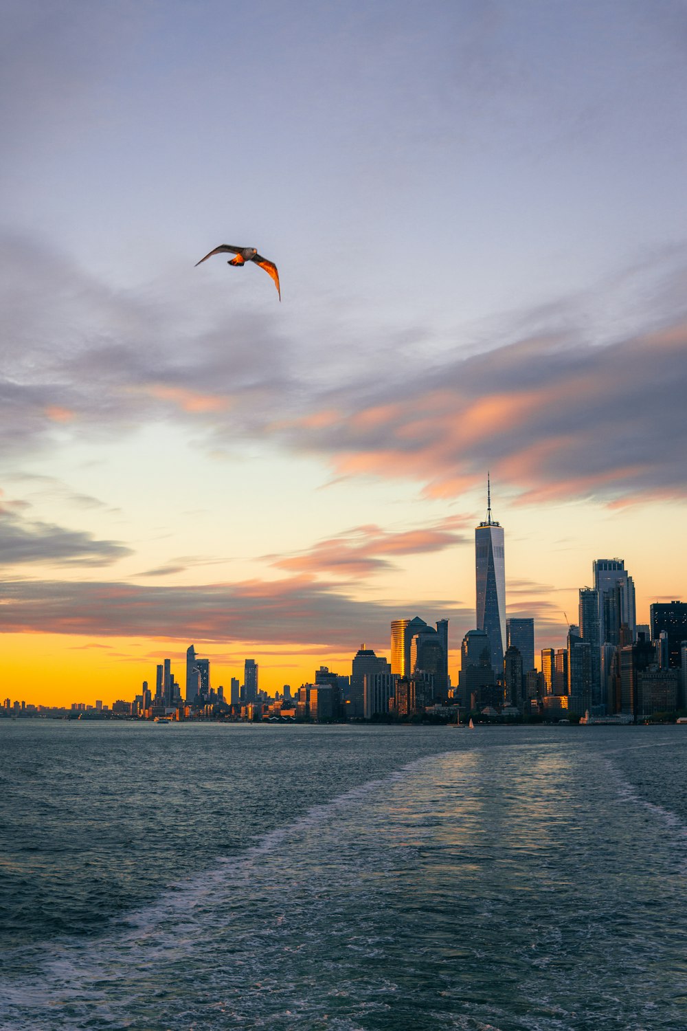 a kite flies over a city