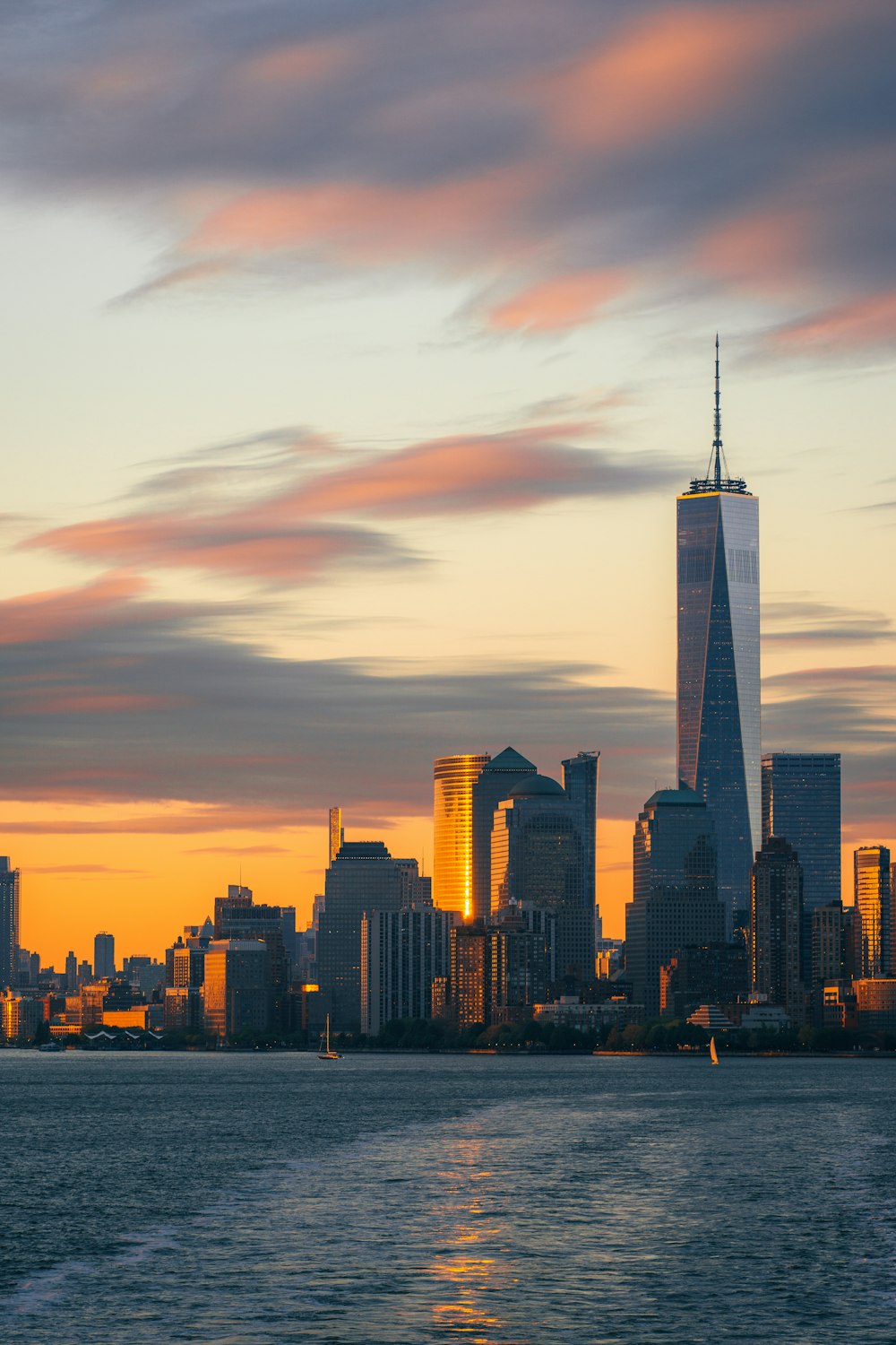 a city skyline at sunset