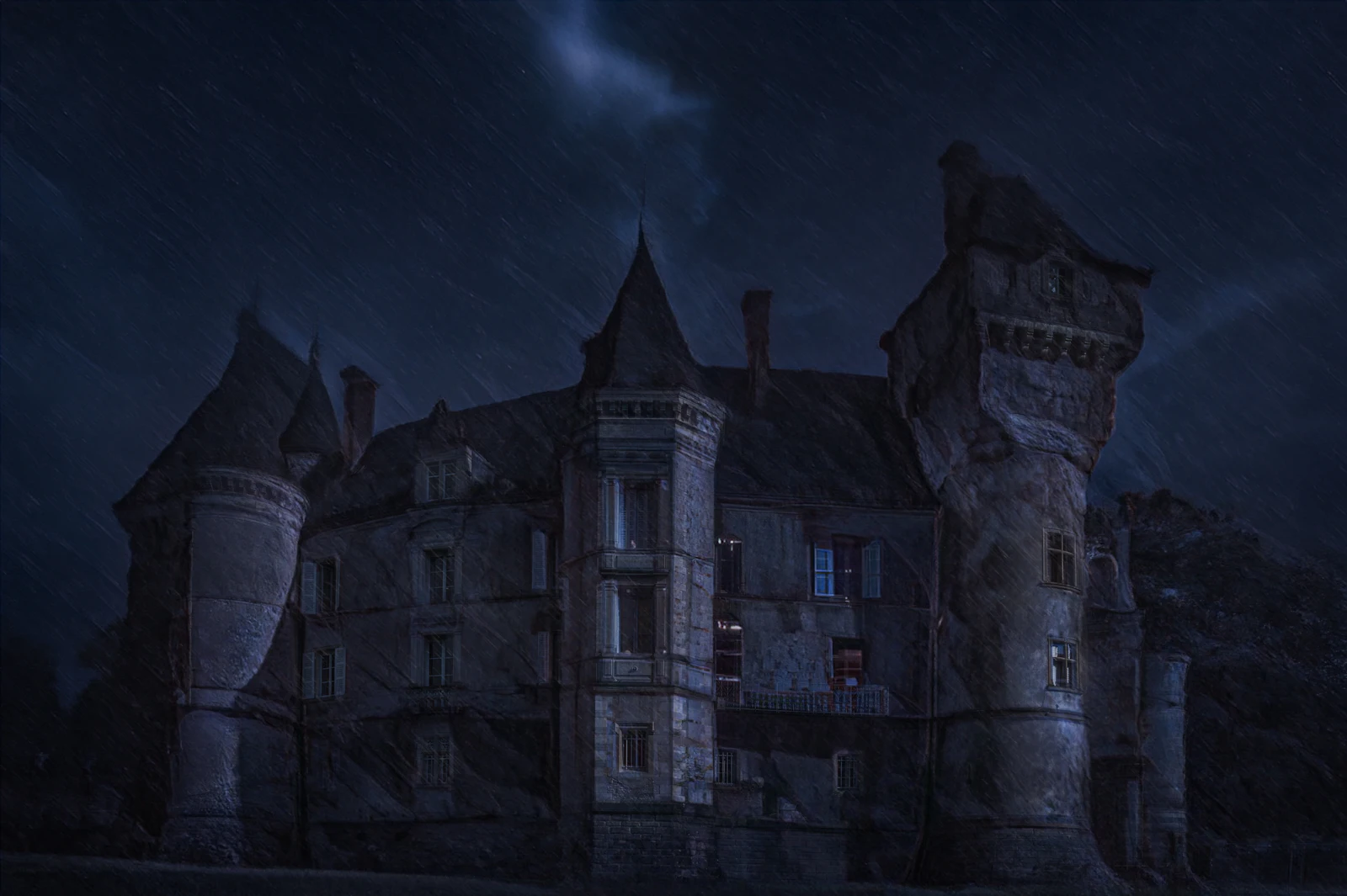 A dark Victorian mansion at night