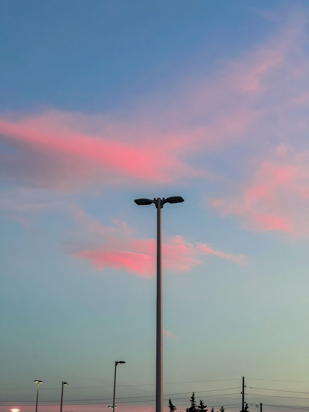 a street light with a pink and blue sky in the background