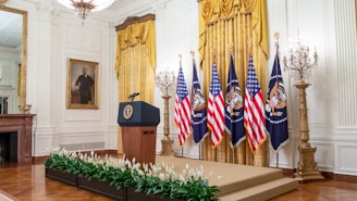 a podium with flags in a room