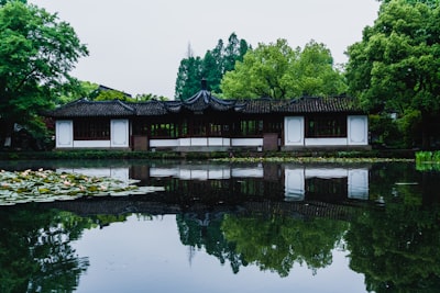 a building with a pond in front of it