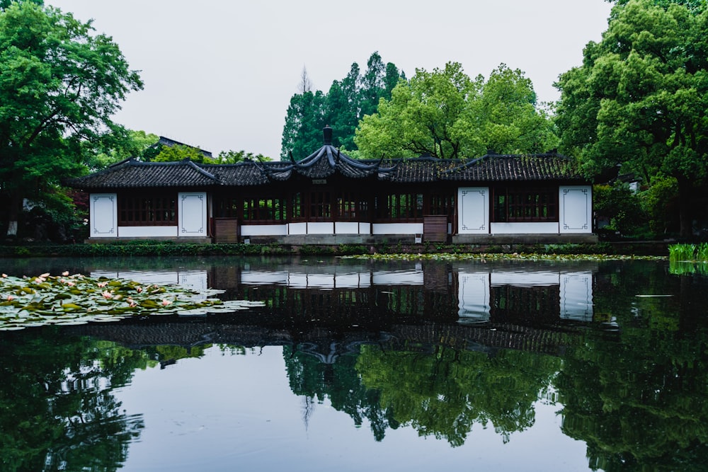 a building with a pond in front of it