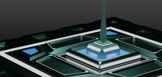 A futuristic geometric structure with a central pointed spire surrounded by layered platforms. The structure features a combination of turquoise and dark green tones, punctuated by white accents and glowing blue elements. The background is a gradient of charcoal gray, enhancing the sleek and modern appearance.