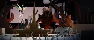 A vivid, dreamlike scene featuring strange creatures intertwined with abstract shapes and bold hues.