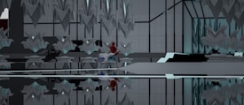 An abstract interior space with symmetrical geometric structures and mirrored surfaces. The design features sharp, angular elements with a modern aesthetic. A notable touch of red and blue hints at the presence of an abstract object or character nestled within the environment, creating a focal point amid the predominantly gray and black tones.
