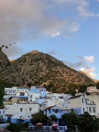 A peaceful mountain view overlooking the blue city from a nearby hilltop.