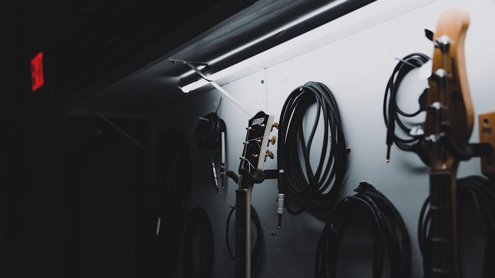 a row of guitars