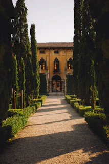 A grand estate entrance framed by tall cypress trees under a golden sunset