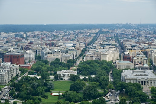 An aerial view of a cityscape with a prominent white building set among expansive green lawns and trees. The city is densely packed with mid-rise and high-rise buildings stretching into the distance. Major avenues are visible, lined with trees, creating a symmetrical layout. The overall scene is vibrant and lively.
