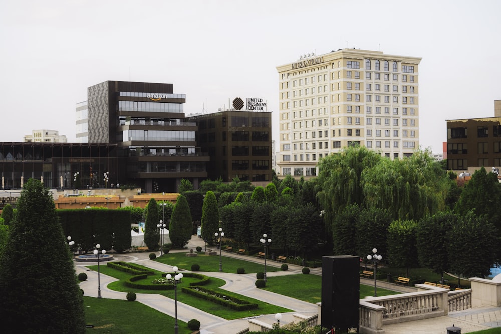 a park in front of a building