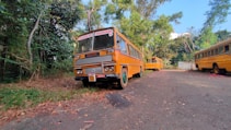 A yellow school bus is parked on a leaf-strewn road surrounded by dense greenery. The sign on the bus indicates it is a college engineering bus. There are more buses visible in the background, lined up along the road. The setting appears to be a peaceful, rural area with trees arching over and casting shadows on the road.