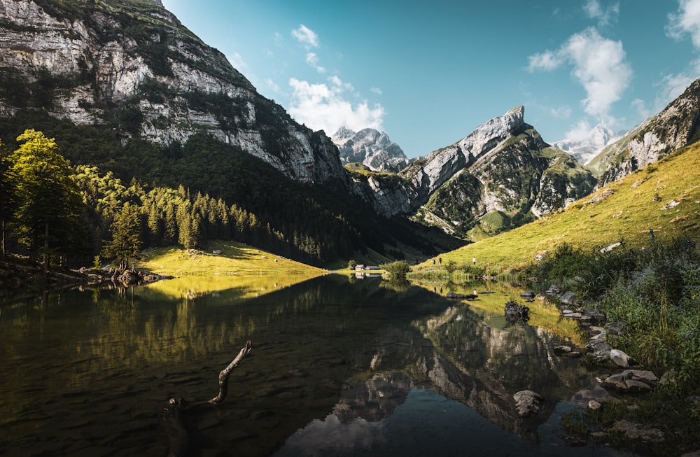 a river running through a valley between mountains