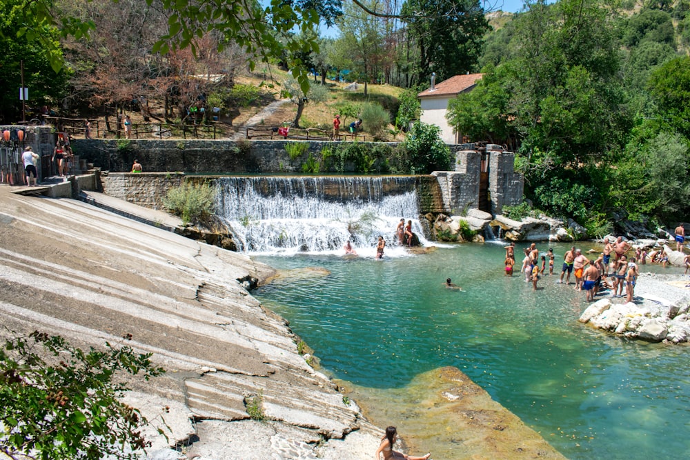 a group of people in a pool