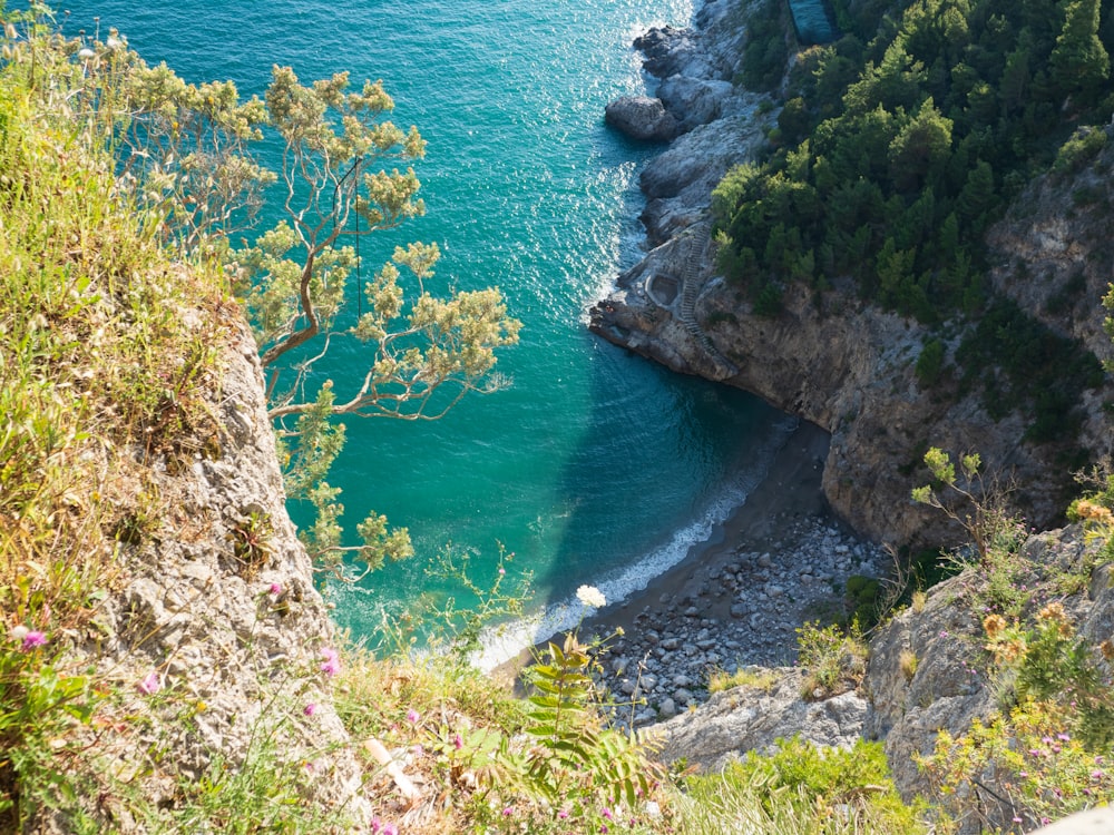 a rocky beach with a body of water in the background