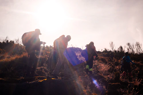 a group of people with backpacks walking on a dirt path