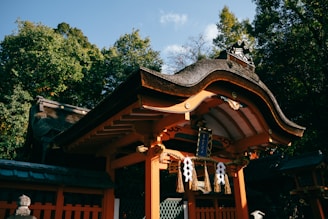 A traditional Japanese shrine with a beautifully curved roof surrounded by lush green trees. The structure is adorned with decorative elements and hanging ornaments, creating an atmosphere of serenity and tradition.