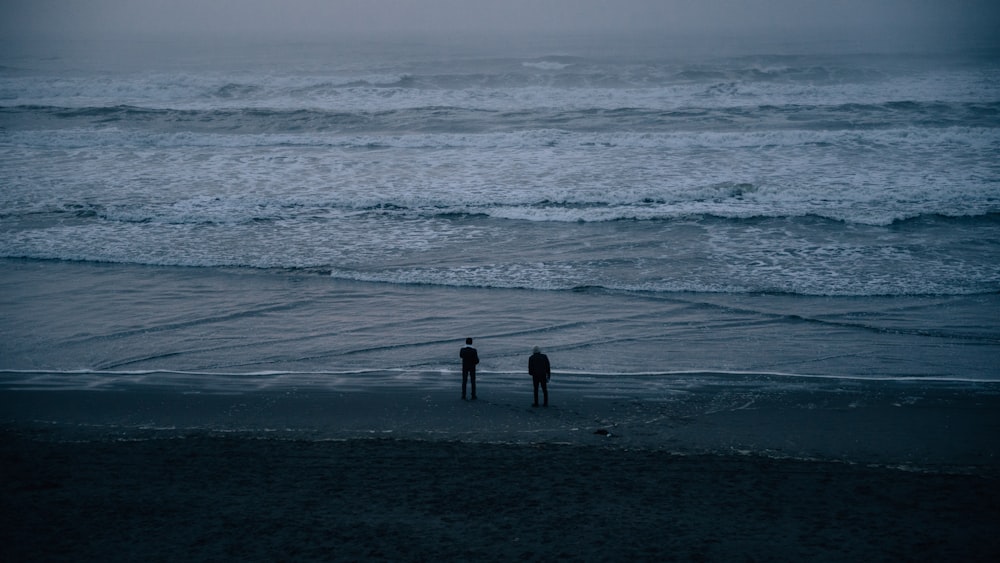 two people walking on a beach