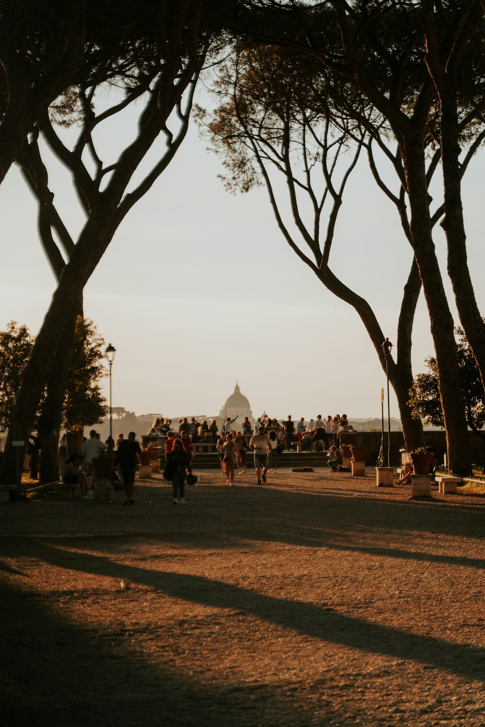 a group of people walking on a path with trees and a white building in the background