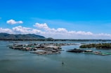 A serene waterbody with numerous floating structures, possibly fish farms or floating houses, spreads across the scene. The distant horizon is lined with lush green hills under a bright blue sky dotted with fluffy white clouds.