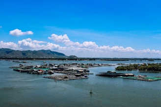 A serene waterbody with numerous floating structures, possibly fish farms or floating houses, spreads across the scene. The distant horizon is lined with lush green hills under a bright blue sky dotted with fluffy white clouds.