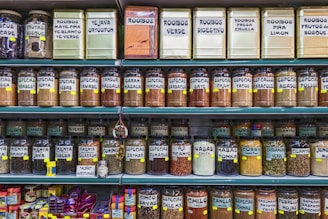 a shelf of food