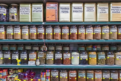 a shelf of food