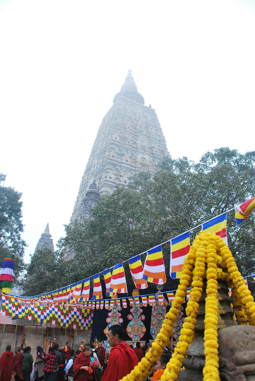 a large pyramid with many flags