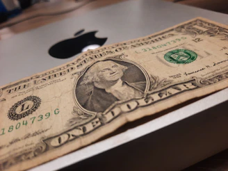 Close-up of a crisp US one-dollar bill highlighting George Washington's portrait and intricate green patterns.