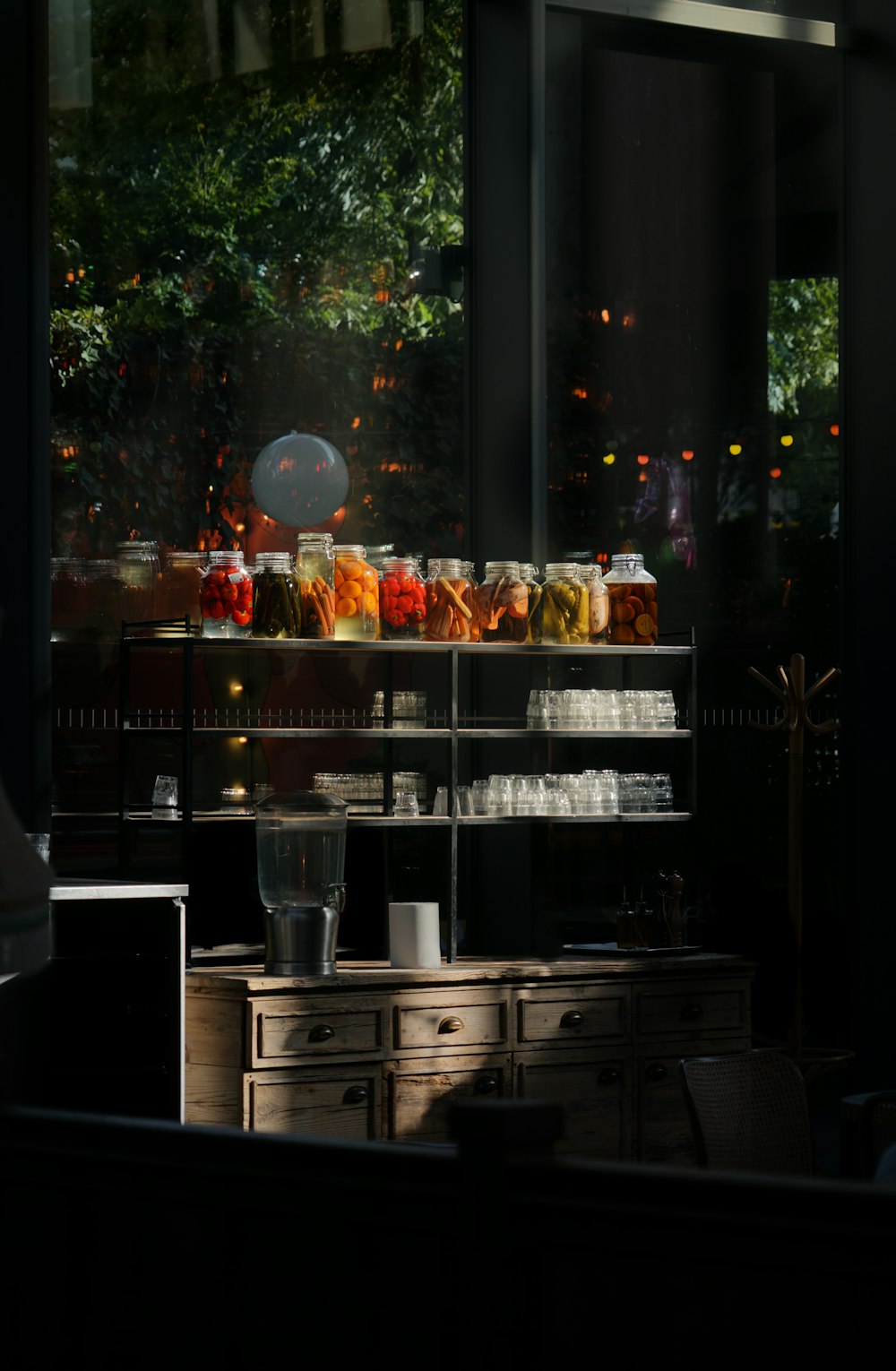 a window with a display of food