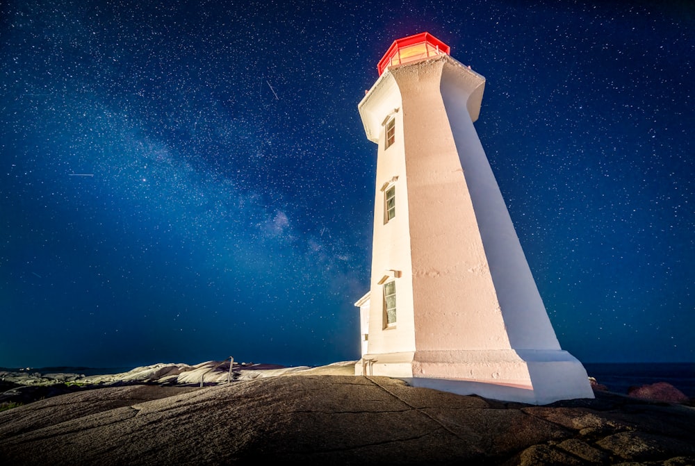 a lighthouse on a rocky beach